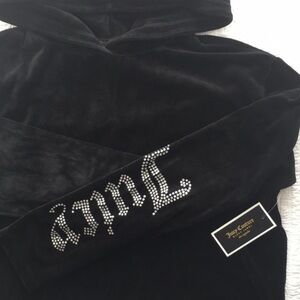 Juicy Couture Black Label Los Angeles Velour Pullover Crop Hoodie Black NWT Sz M